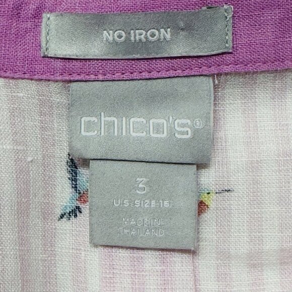 Chicos 3 Top No Iron Linen Shirt Pink Striped Hummingbird Button Up XL - Picture 6 of 7